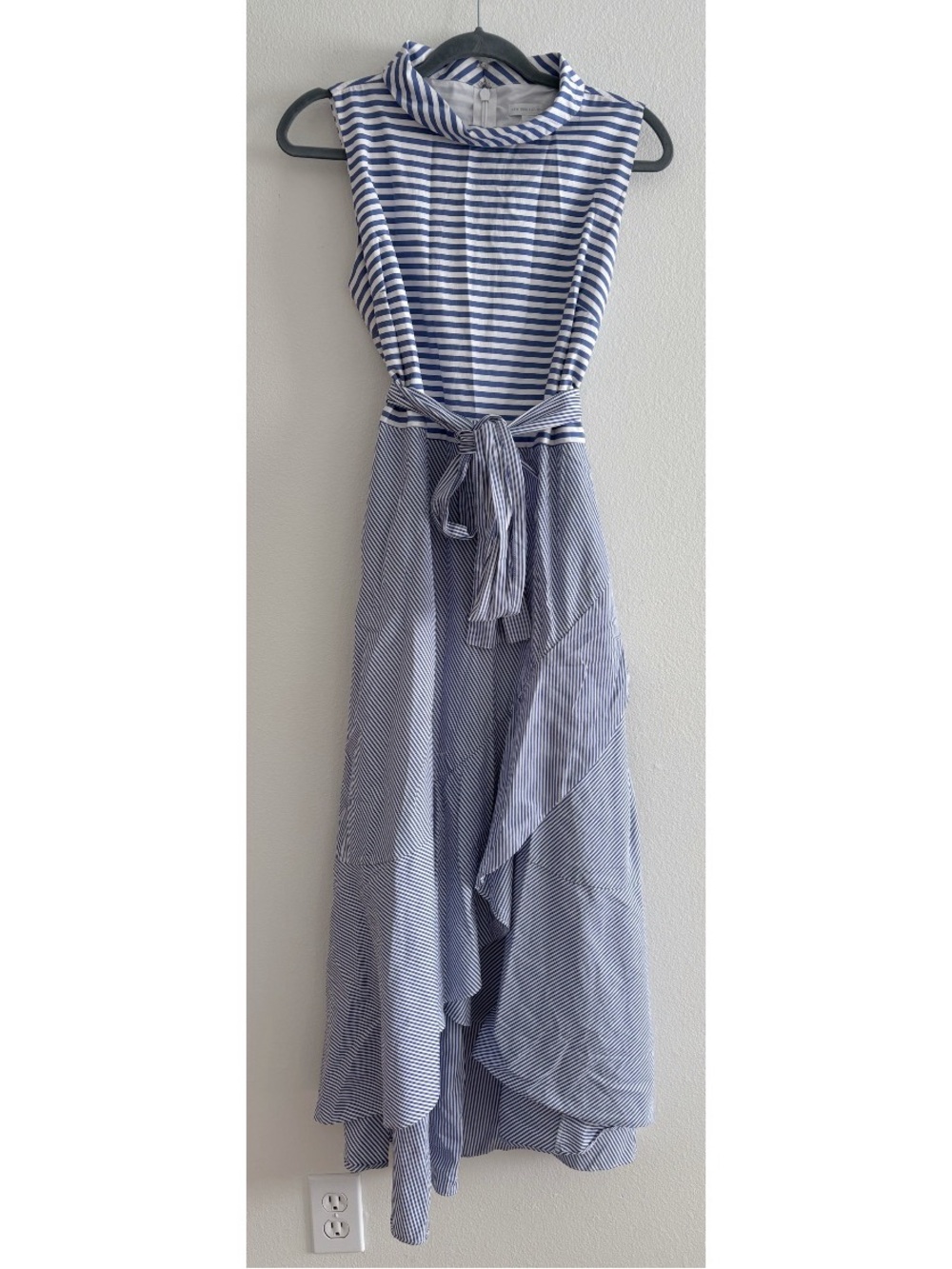 New York & Company Blue White Dual Striped Mock Neck Belted Midi Dress Size 14